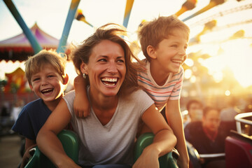 Fototapeta na wymiar A mother and two children ride a roller coaster at an amusement park