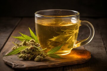 Herbal tea infused with cannabis leaf. A therapeutic drink with THC and CBD properties. Generative AI