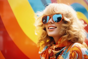 happy blonde woman in sunglasses Colorful 1970s