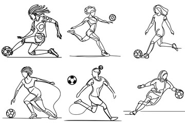 Football for All: Diverse Women Chasing the Dream, one-line drawing, players and goalkeepers, editable vector