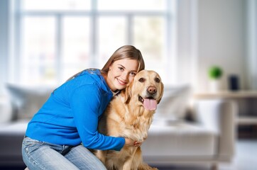 happy cheerful young woman hugging pet dog, AI generated image