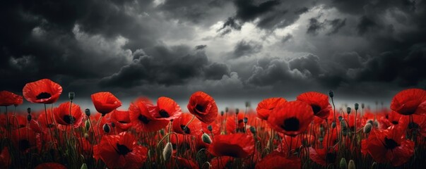 Banner with red poppy flower field, symbol for remembrance, memorial, anzac day - obrazy, fototapety, plakaty