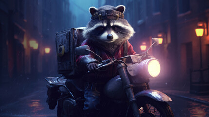 Raccoon courier delivery of food on a motorcycle on a night street style cyberpunk - obrazy, fototapety, plakaty