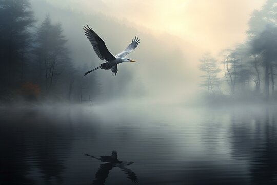 A bird floats in misty water. Generative AI