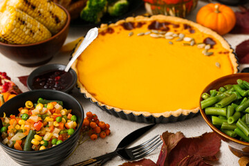 Festive dishes for Thanksgiving Day on light background, closeup