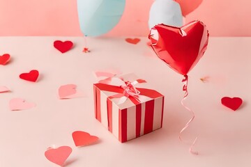 Geschenkschachtel mit Herzballon am Himmel, Fröhliche Valentinstags, Valentinstagskonzept - obrazy, fototapety, plakaty