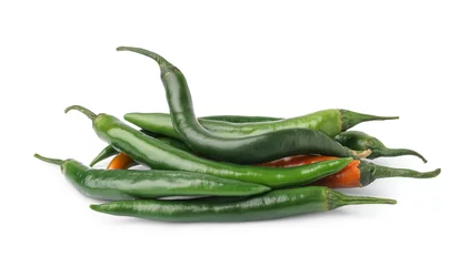 Gordijnen Green fresh chili peppers on white background. © Pixel-Shot