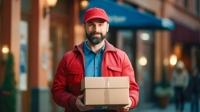 Delivery man in red clothing holding a box in an urban setting