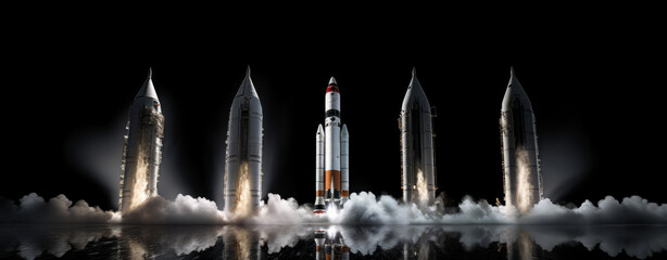 Launched rockets. Space Exploration Initiatives: Depict the pioneering spirit of space exploration through stunning visuals of rocket launches and satellite deployments; human innovation.
