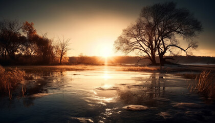 Tranquil scene  sunset reflects beauty in nature, serene meadow generated by AI
