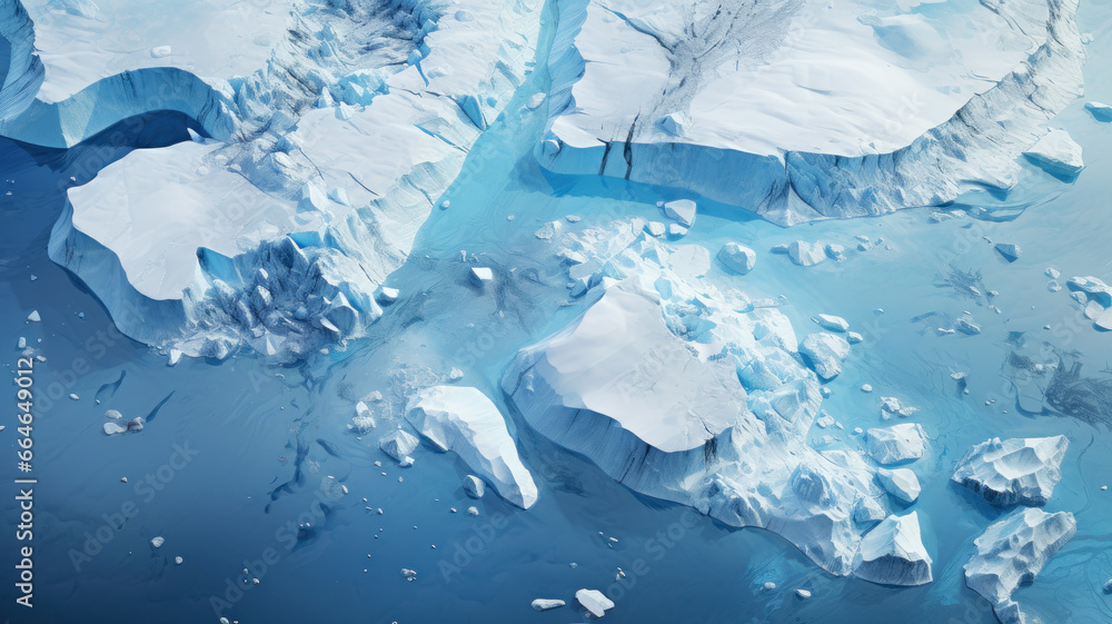 Wall mural Ice and glacier in Antarctica, aerial top view of icebergs and snow cover in ocean. Antarctic landscape with frozen sea. Concept of nature, winter