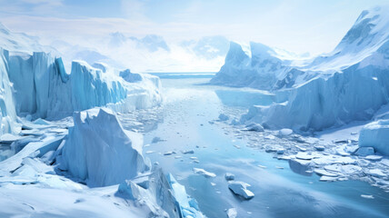 Ice and glacier in Antarctica, icebergs and frozen shores with snow cover in ocean. Antarctic landscape with clean sea water. Concept of nature, winter