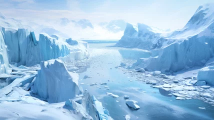 Fotobehang Ice and glacier in Antarctica, icebergs and frozen shores with snow cover in ocean. Antarctic landscape with clean sea water. Concept of nature, winter © scaliger