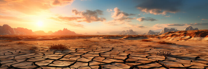 Landscape of dry cracked land at sunset, drought panoramic view. Scenery of wasteland, deserted earth. Concept of soil, ground, earth, global warming - obrazy, fototapety, plakaty