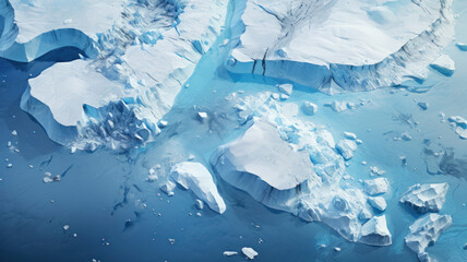 Ice and glacier in Antarctica, aerial top view of icebergs and snow cover in ocean. Antarctic landscape with frozen sea. Concept of nature, winter