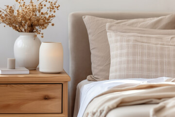 Rustic nightstand near the bed with beige pillows. Interior design of a modern bedroom in a country house