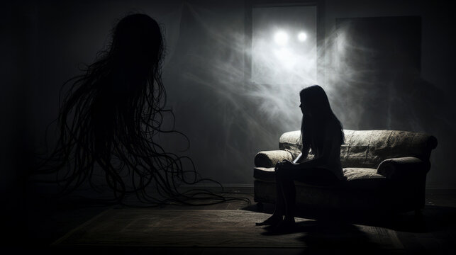 Hello Darkness My Old Friend. Horror scene of a scary woman can be used for desktop wallpaper