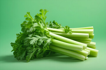 Fresh celery on a green background. - obrazy, fototapety, plakaty