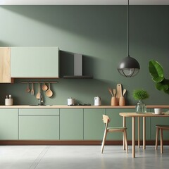 Green kitchen and minimalist interior design.3d rendering modern kitchen interior with table created with generative ai