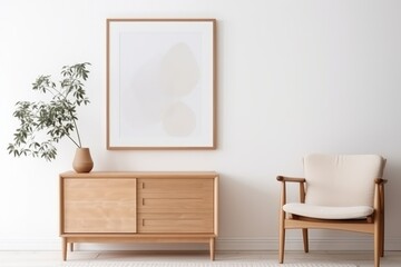 Wooden dresser and art poster on white wall. Scandinavian home interior design of modern living room