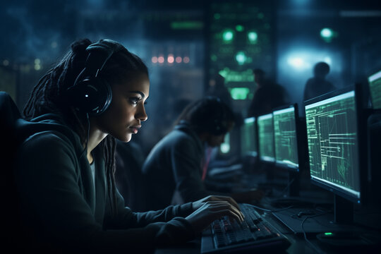 Cybersecurity Operations Center with Holographic Shield Protection - Tech Professionals in Dark Room Illuminated by Computer Screens Displaying Code