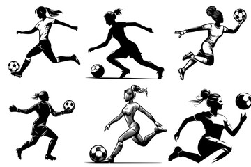 Football for All: Diverse Women Chasing the Dream, silhoutte outlines, Editable Vector