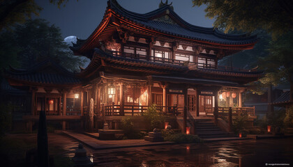 Ancient pagoda illuminates cityscape, reflecting spirituality in twilight dusk generated by AI