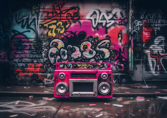 Naklejka premium Retro old design ghetto blaster boombox radio cassette tape recorder from 1980s in a grungy graffiti covered room.music blaster 