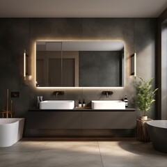 Luxurious modern bathroom interior with gray tiles, two sinks and a large mirror