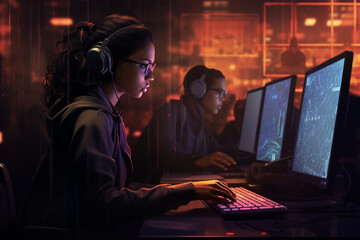 Obraz premium Cybersecurity Operations Center with Holographic Shield Protection - Tech Professionals in Dark Room Illuminated by Computer Screens Displaying Code