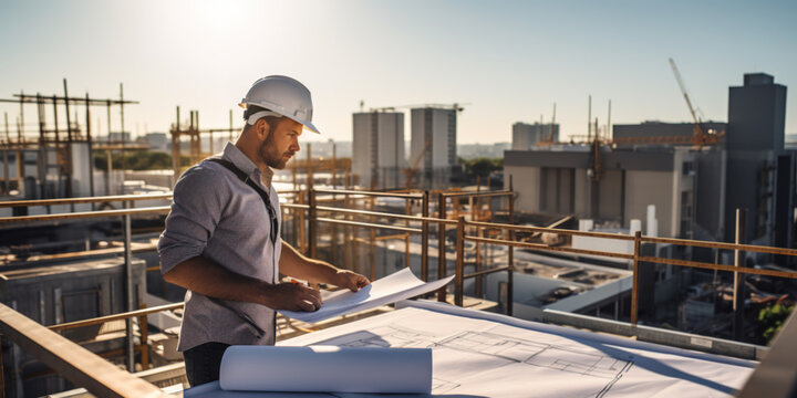 An architect scrutinizes building plans on a rooftop, overseeing an outdoor construction project, reflecting expertise and commitment to design excellence