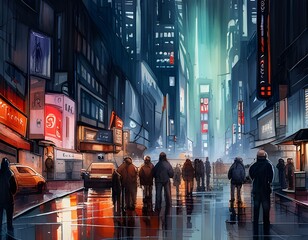 people in a rainy street in a futuristic asian city at night with illuminated shop signs buildings people and cars