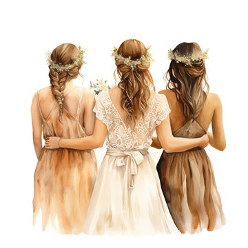 Bride and bridesmaids in boho style, view from behind. Watercolor illustration