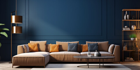 Beige corner sofa in room with dark blue walls. Interior design of modern living room