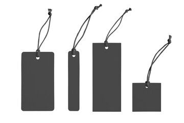 Various shape of blank black paper label or cloth tag set isolated on white, transparent...
