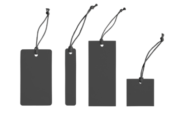 Various shape of blank black paper label or cloth tag set isolated on white, transparent background, PNG. Price tag mockup template with copy space for brand, information. Shopping, black friday sale