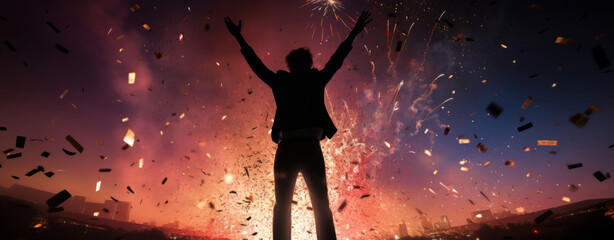A silhouette of a man jumping in the air and celebrating his success, with fireworks in the background and confetti falling from the sky. - obrazy, fototapety, plakaty