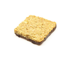 Square shaped oat bar dipped in chocolate on one side isolated on white background.