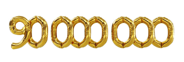 3D render of 90m or 90000000 followers thank you Gold balloons, ninety millions gold number balloons