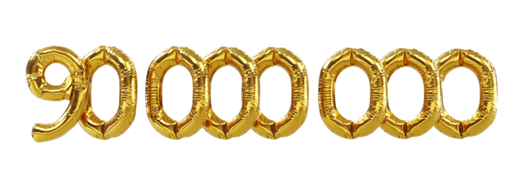 3D render of 90m or 90000000 followers thank you Gold balloons, ninety millions gold number balloons