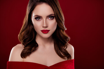 Photo of shiny stunning woman nude shoulders empty space isolated red maroon color background