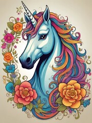 Flowing unicorn and intricate floral patterns in bright colors