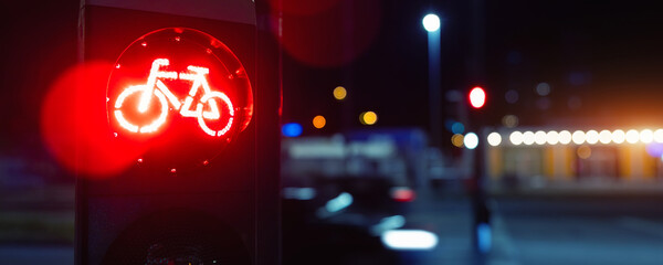 Bicycle stop red warning lamp sign on traffic light road highway driveway drive crossroad intersection evening dark time german city. Bike forward movement prohibited on semaphore signal city street