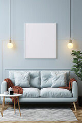 Frame mockup picture on light blue wall above couch, front view. Minimalist interior with blank white image. Concept of mock up, elegant home design