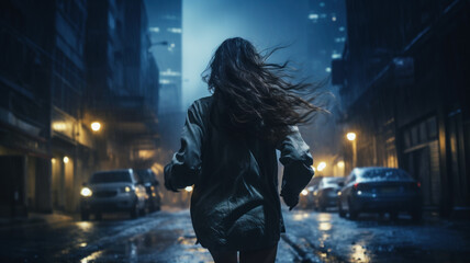 Scared woman runs down dark city street at night alone, adult girl escapes in rain, back view. Female person like in thriller or horror movie. Concept of terror - obrazy, fototapety, plakaty
