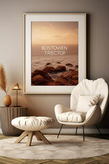 Frame mockup poster on light brown wall above white beige leather armchair, front view. Minimalist interior with picture and decor. Concept of elegant home design