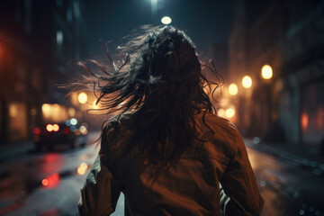 Young woman runs away along night street, lonely adult girl escapes in dark city, back view. Female person like in thriller or horror movie. - obrazy, fototapety, plakaty