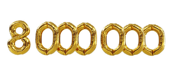 3D render of 8m or 8000000 followers thank you Gold balloons, eight millions gold number balloons