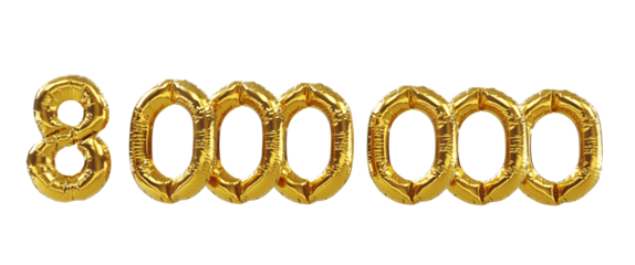 3D render of 8m or 8000000 followers thank you Gold balloons, eight millions gold number balloons