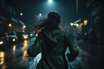 Young woman in jacket runs down street in rain at night, lonely adult girl escapes in dark city. Scared person like in thriller or horror movie. Concept of terror - obrazy, fototapety, plakaty